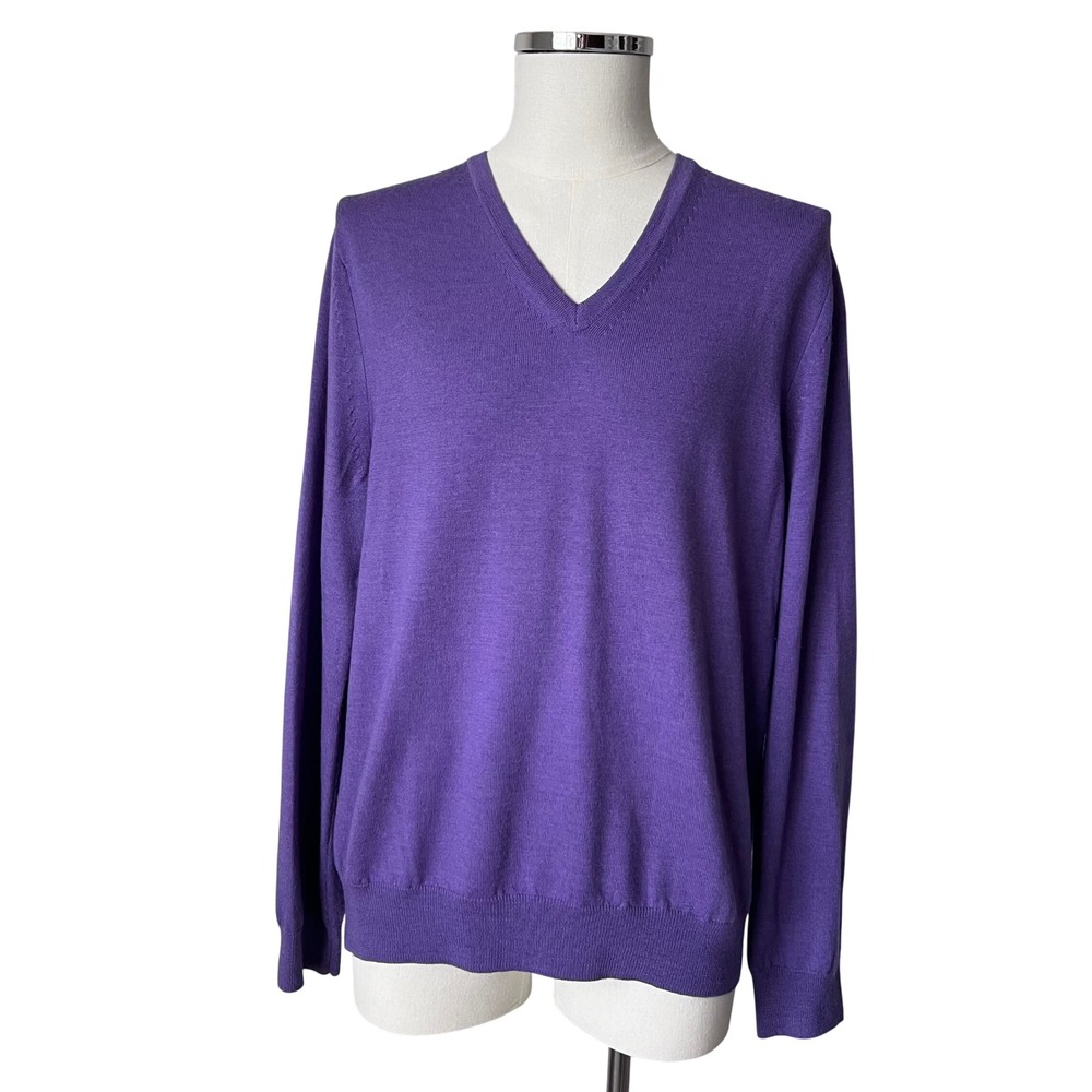 EXPRESS Mens V Neck Sweater Purple 100% Merino Wool Old Money Sz Large FLAW‎